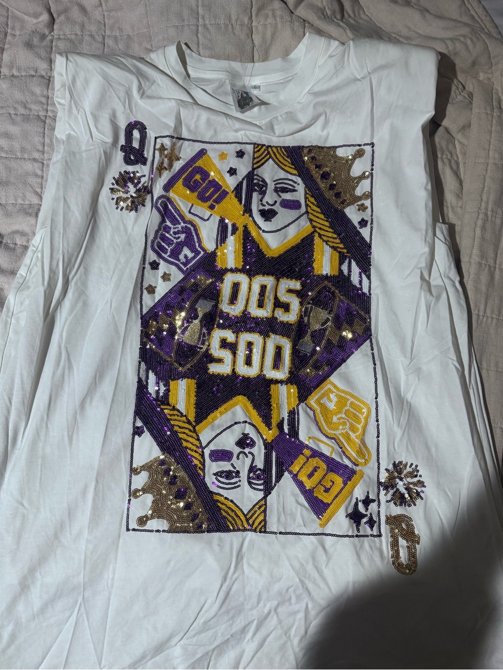 QUEEN OF SPARKLES White Sequin Tshirt dress with Purple & Gold Graphic